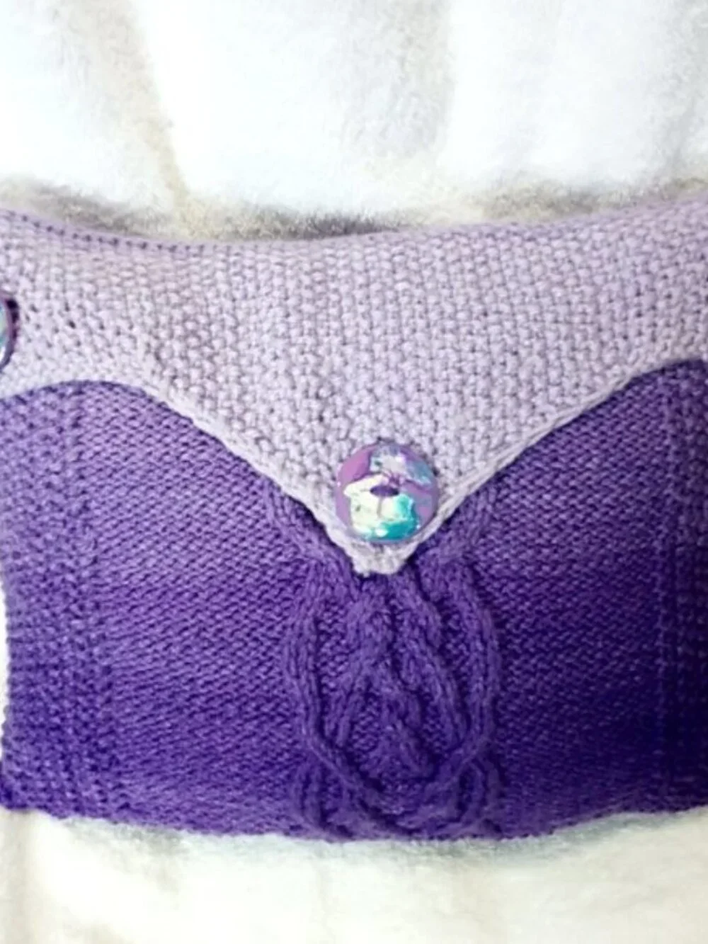 Hand Crafted Knit Throw Pillow Purple Cable Hand Painted Resin Buttons D…